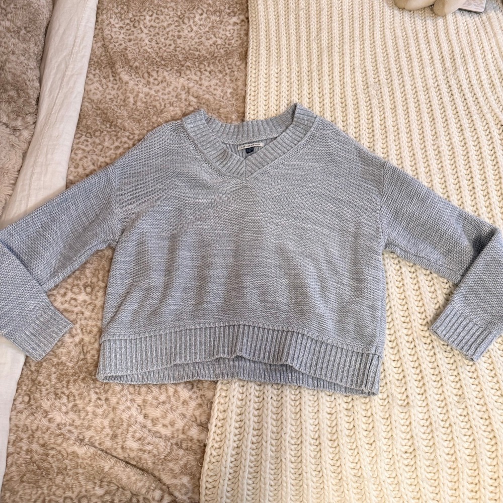 American Eagle Women XS Light Blue Gray V-Neck Shaker Knit Cotton Sweater - Picture 2 of 4
